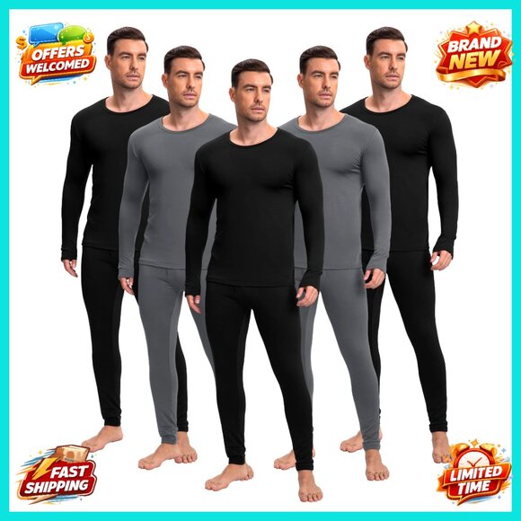 Men's Thermal Underwear Set 5 Pairs Fleece Base Layer Winter Warm